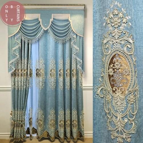 European Luxury Chenille Embroidery Villa Blue Curtains for Living Room Hotel Windows High Quality Classic Curtains for Bedroom