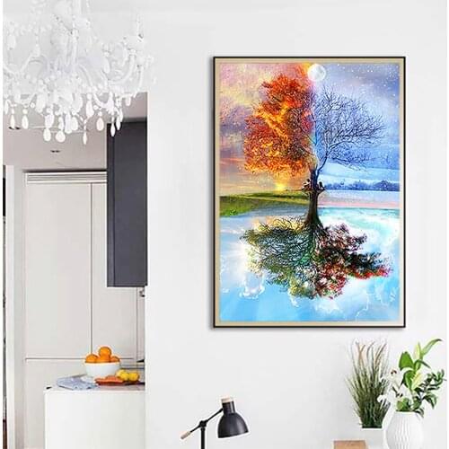 HD printed posters four seasons of trees landscape pictures canvas painting family room mural decoration frame