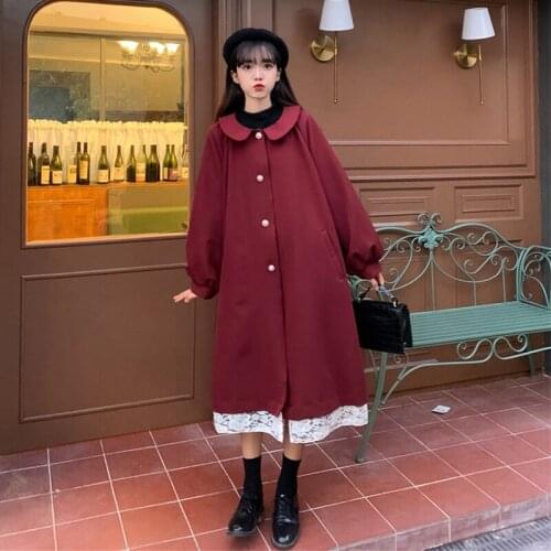Korean Style Loose Retro Doll Collar Christmas New Year Lantern Sleeve Cardigan Coat Womens Mid-Length sweet Lolita Coat