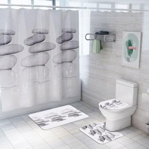 Printed Stone Bath Mat and Shower Curtain Non Slip Bathroom Floor Mat Absorbent Toilet Seat Cover Mat Microfiber Bath Foot Mat