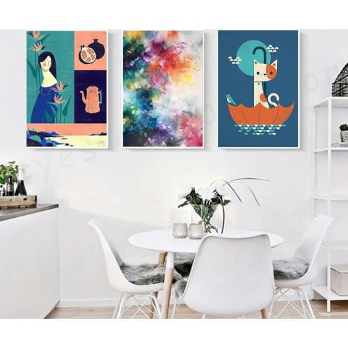 Colorful Dreaming Girl and Cat Wall Art Posters Animals Canvas Painting Poster Nordic Prints Kids Girls Room Decor