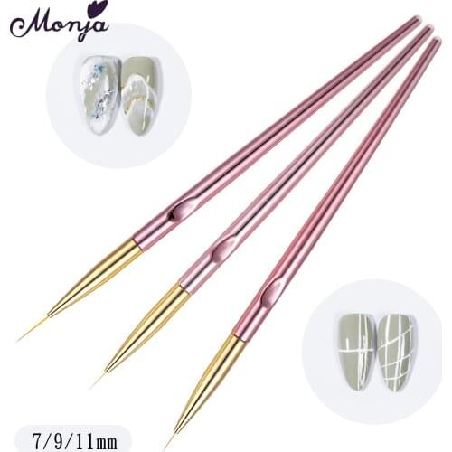 Monja 3 Pcs/Set Nail Art Rose Gold Handle Liner Painting Brush Acrylic UV Gel French Stripes Lines Pattern Drawing Manicure Tool