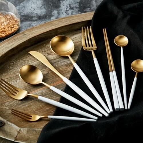 White and gold color 304# stainless steel tableware set knife fork and spoon