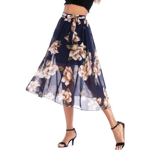 New Fashion Summer Elastic Waist Midi Chiffon Skirts Womens Floral Print Skirt For Women Ladies Casual All-Match Skirts