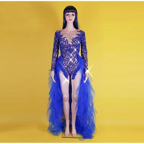 New Woman Blue Singer Dancer Costumes Sexy Mesh Tail Bodysuit Outfit Womens Nightclub Performance Party Wear Clothing