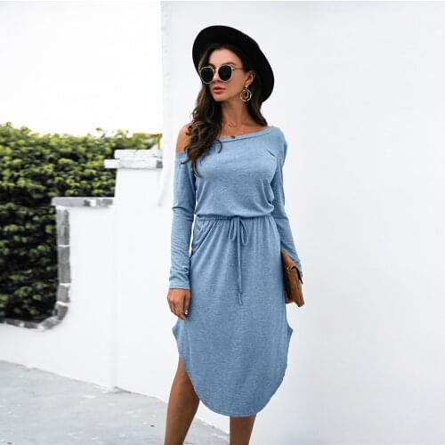 Sexy Off Shoulder Midi Dress Ladies Solid Casual Dress Slim Drawstring High Waist Pocket Split Asymmetrical Vestidos Autumn New