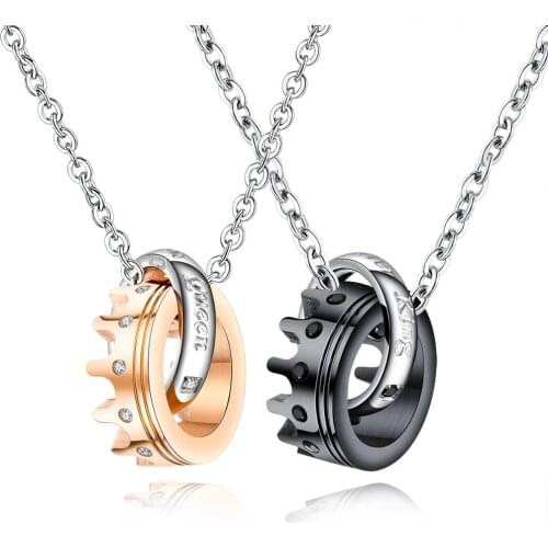 Stainless Steel Couple Pendant Chain Necklace for Women Men Lover Fashion Zirconia "Her King" "His Queen" Jewelry