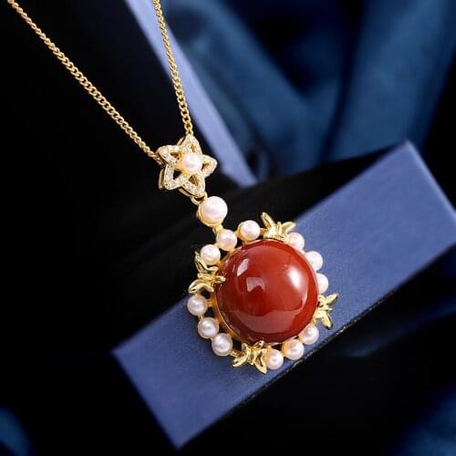 S925 Sterling Silver Gold-Plated Ornament Womens Red Agate Necklace