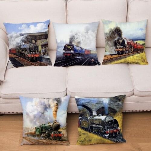 Super Soft Short Plush Cushion Cover Hand drawn Train Print Pillow Covers 45*45 Square Throw Pillows Cases Home Decor Pillowcase