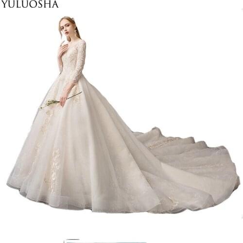 YULUOSHA Wedding Dresses 9 Layers Lace Appliques O-Neck Cathedral/Royal Train Luxury Wedding Dress Elegant Vestido De Noiva
