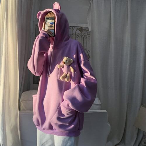 Bear Sweater Mens Hooded Autumn Winter Clothes Plus Velvet Trend Thick Coat Tide Ins Loose Korean Couple Clothes Hoodies Men