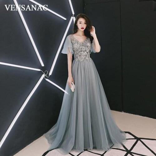 VENSANAC Sexy V Neck Lace Appliques A Line Long Evening Dresses Party Short Sleeve Backless Prom Gowns