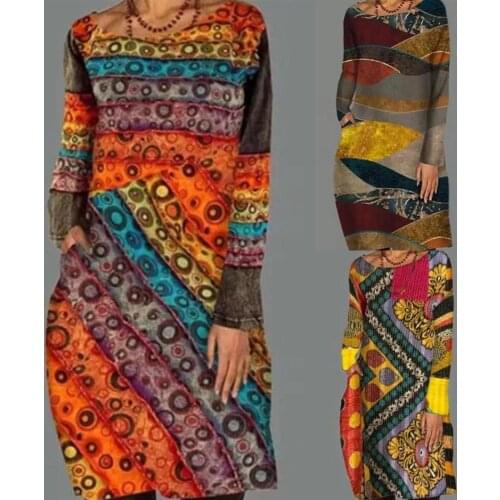 Vintage Women Circle Ethnic Print O Neck Long Sleeve Party Knee-length Dress