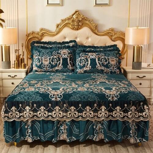 High Grade Luxury Soft Lace Bed Skirt Plush Quilted Bed Cover Skirt Green King Queen Pad Bedspread Not Including Pillowcase