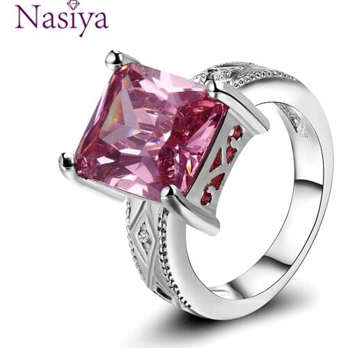 925 Silver Jewelry Cubic Zirconia Rectangle Pink Cushion Stone Rings Geometric Ring for Women Bridesmaid Wedding Party Gift