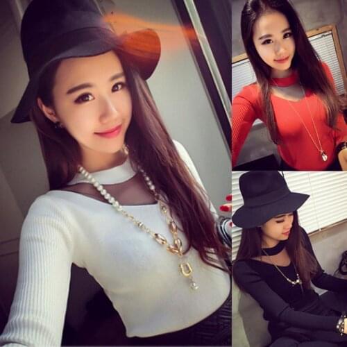 Fashion Women round Neck Long Sleeve Sweaters Sheer Mesh Patchwork Tops Blouse