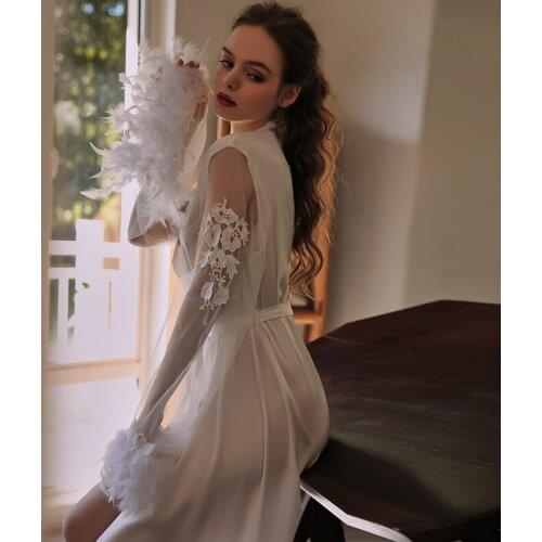 Womens Nightwear Sexy Long Lace Lingerie Bath Robe Gown Imitation Ice Silk Nightdress Floral Bathrobe Kimono Nightgown Wedding