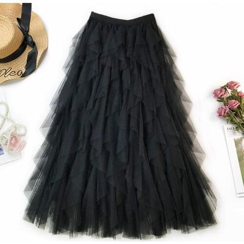 Black Long Skirts Tulle Pleated Midi Skirt Summer Lady Elastic Waist Beach Elegant Casual Skirts Women Autumn Pleated Skirt