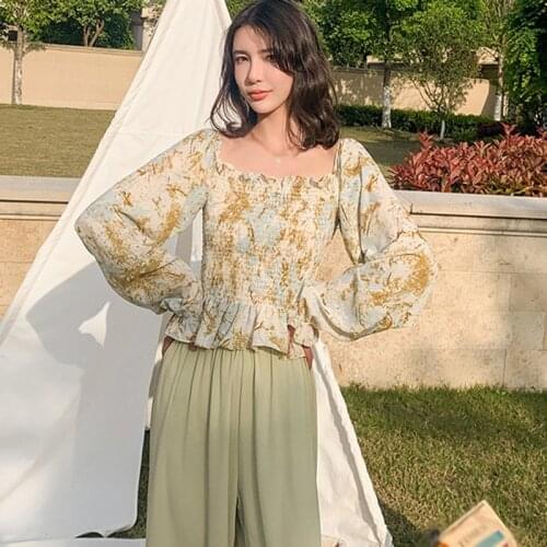 Women Blouses Floral Print Chiffon Shirt Spring Autumn Fashion Square Collar Sexy Long Sleeves Chiffon Shirts