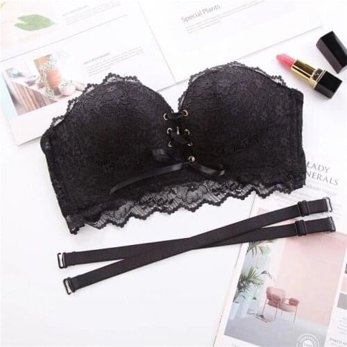 Women Seamless Back Closure Lace Up Bra Drawstring Push Up Bras Sexy Lace Floral Padded Strapless Underwear Intimates Hot