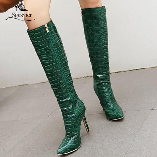 Sgesvier New Design 2020 Plus Size 48 Zip Up Knee High Boots Woman Shoes Sexy Thin High Heels Pointed Toe Fashion Boots Ladies