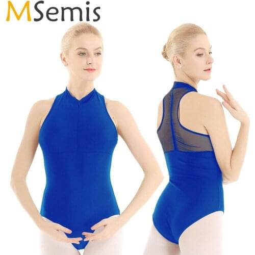 Women Ballet Leotard One Piece High Neck Sleeveless Ruffled Mesh Back Zip Front Tank Gymnastics Leotard Ballet Clothing Bodysuit