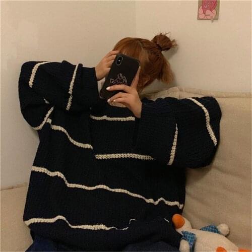 2021 Japan Stroped Tops Oversize Women Funny Knitting Sweater Tops Winter Pullover Loose Harajuku Kawaii Black Teens Sweater