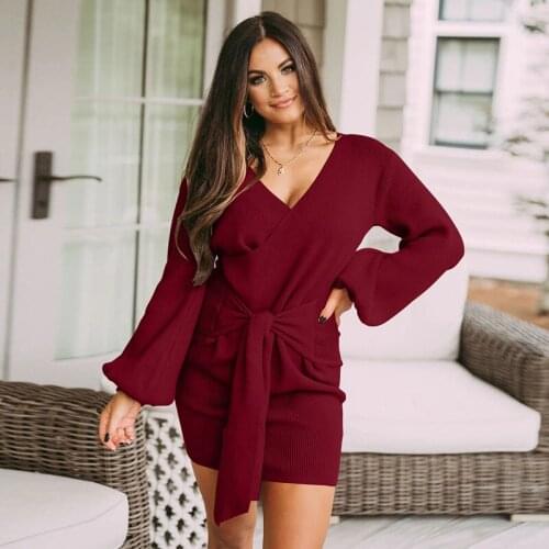Autumn Dress Women Robe Femme Sweater Pencil Dresses Bandage V-Neck Lantern Sleeve Y2K Dress For Woman Clothing Vestido De Mujer