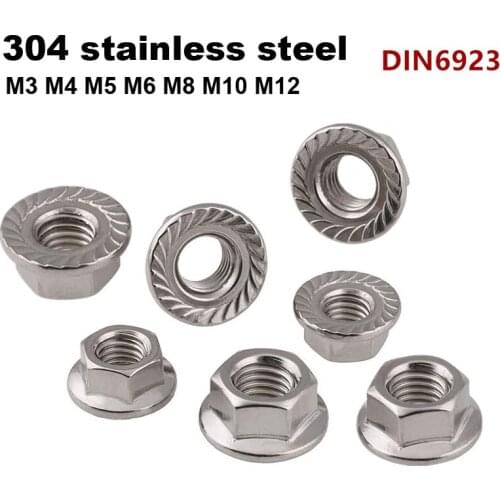 100pcs 50pcs DIN6923 Flange Nuts M3 M4 M5 M6 M8 M10 M12 304 Stainless Steel Hex Lock Self-Locking Metric Thread Serrated Nut
