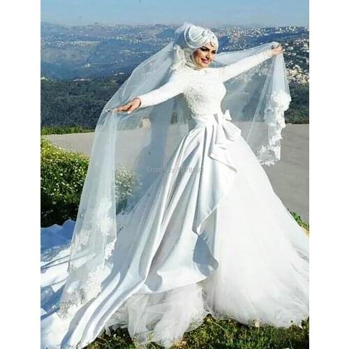 111 White High-Neck Natural A-Line Floor-Length Long Sleeves Satin&Tulle Muslim Wedding Dresses/Woman Gowns Bow Free Shipping
