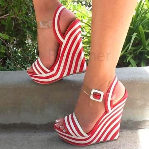 BERZIMER Women Platform Wedge Sandals Faux Suede Stripes High Heels Party Sandalias Pumps Lady Shoes Woman Big Size 39 50 52