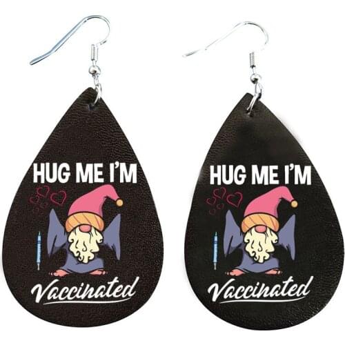Nickel-Free Kiss Hug Me I'm Vaccinated Earrings Layers Glitter Faux Leather Teardrop Earrings Bulk Order Wholesale