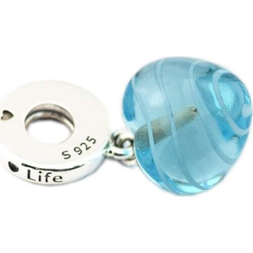 CKK Silver 925 Jewelry Fits Pandora Bracelets Blue Ribbon Heart Dangle Charm, Original Murano Glass Beads