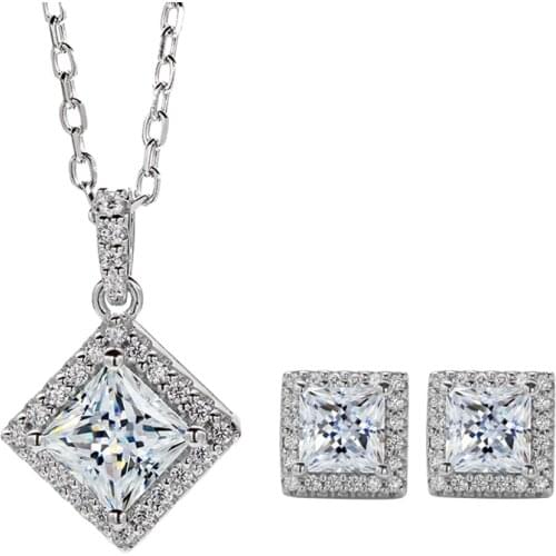 Inbeaut 925 Silver Wedding Jewelry Excellent Cut 1 ct D Color Pass Diamond Test Moissanite Square Pendant Necklace Earrings Set