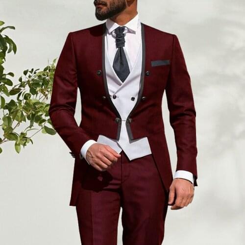 2021 Fashion Design Mens Burgundy Tailcoat Formal Men Suit Slim Fit 3-Piece Party Suit Dinner Jacket Wedding Suit Male Tuxedos