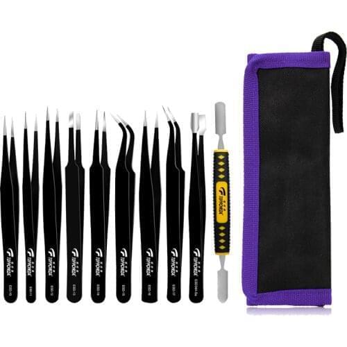 Precision Tweezers Set ESD Tweezer Kit Anti-Static Stainless Steel Curved Pointed Tweezers Pincer Repair Hand Tool Set