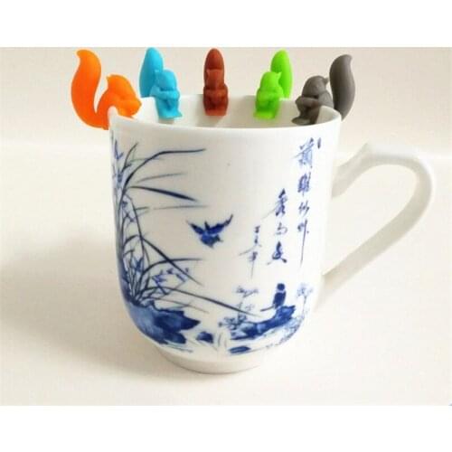New 5pcs/set Silicone Squirrels Tea Bag Hanging Squirrel Shape Tea Bags Holder Wineglass Label Party Supplies Kitchen Gadgets
