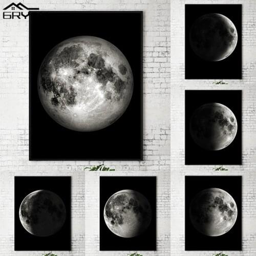 Moon Phase Wall Art Home Decor Canvas Poster Nordic Style Print Painting Universe Space Black and White Picture for Living Room
