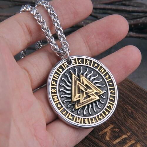 Nordic Vikings Jewelry Never Fade Odins Valknut with Rune and Viking Axe pendant with wooden box as gift