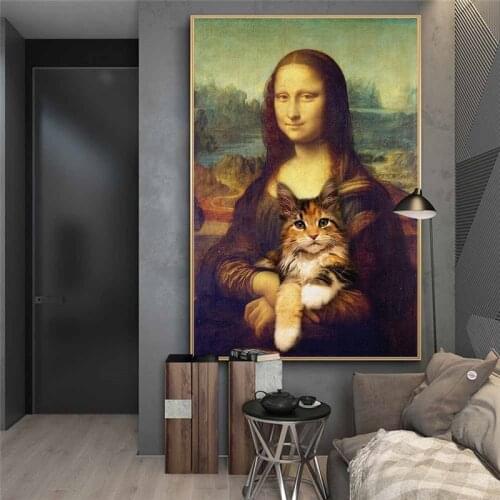 Nordic Mona Lisa Holding the Cat Funny Canvas Painting Posters and Prints Wall Art Picture Cuadros Home Decoration Room Decor