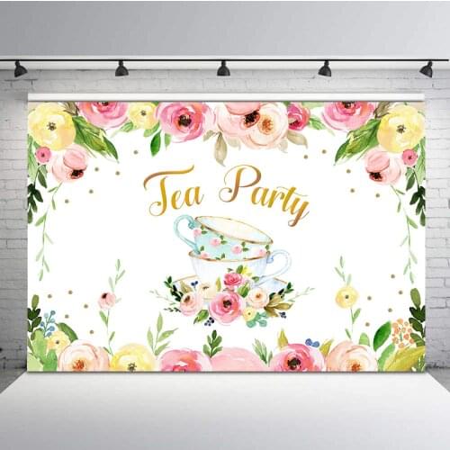 Tea Party Theme Birthday Backdrop Watercolor Flowers Porcelain Cup Photo Background Dessert Table Decorations Banner Backdrops