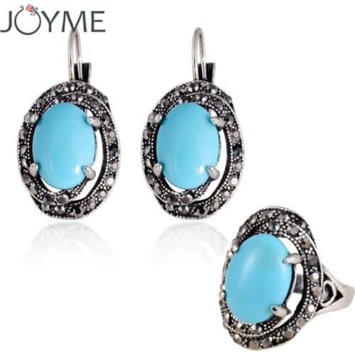 Vintage Turkish Ethnic Blue Oval Antique Silver-Color Clip Drop Earring Ring Acrylic Blace CZ Jewelry Sets