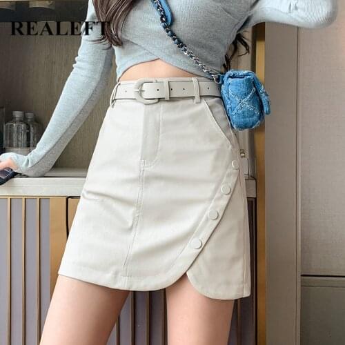 REALEFT Stylish Irregular PU Leather Midi Skirts with Belted 2021 New Autumn Womens High Waist A-Line Side Split Skirts Ladies