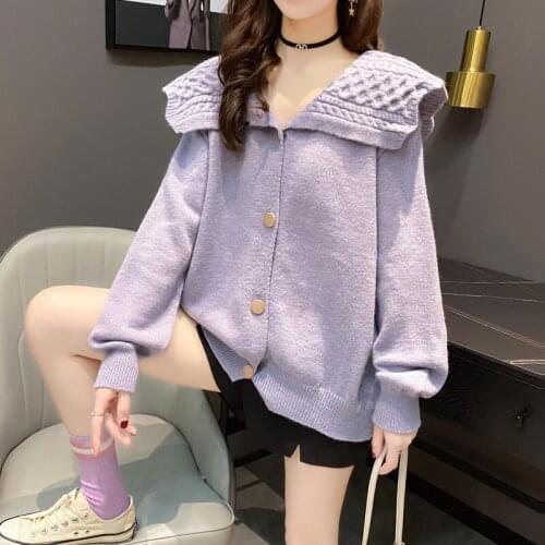 Womens Jacket Sweater Korean 2021 New Autumn Winter Loose Outerwear Doll Collar Solid Color Knitted Cardigan Single-Breasted