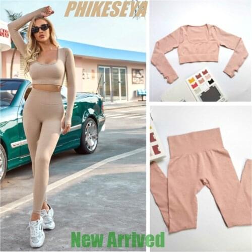 Women Seamless Tight Yoga Sets Workout Sport Suit Gym Clothing Low Collar Long Sleeve Crop Top High Waist Leggings Running Sets