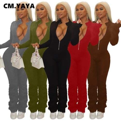 CM.YAYA Autumn Womens Jumpsuit Long Sleeve Sexy Club Party Bodycon One Piece Overall Zipper Up Stacked Bellbottom Romper Outfit