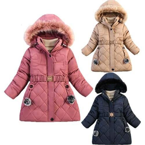 Winter Thick Keeping Warm Long Style Girls Jacket Imitation Fur Collar PlushBall Decoration Hooded Heavy Outerwear For Kids