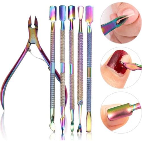 1pcs Rainbow Nail Cuticle Pusher Scissor Tweezers Nipper Cutter Clipper Stainless Steel Pedicure Gel Remover Manicure Care Tool
