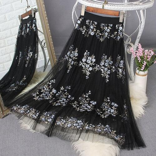 2020 Floral Embroidery Women Skirt High Waist Mesh Skirts Elegant A-line Pleated Skirts Women Jupe Femme Faldas Saias Outwear