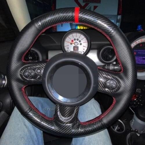 DIY Car Steering Wheel Cover Hand-Stitched Non-slip Black Genuine Leather Carbon Fiber For Mini Cooper S one 2011